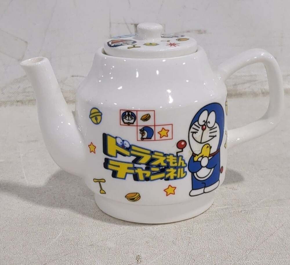 "Vintage 2003 Fujiko Doraemon Ceramic Teapot with Metal Strainer Japanese